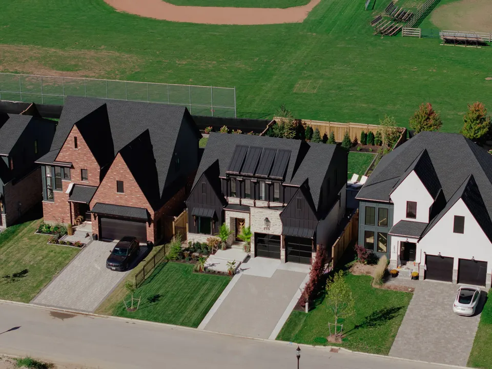 Aerial view of the street and ball diamond